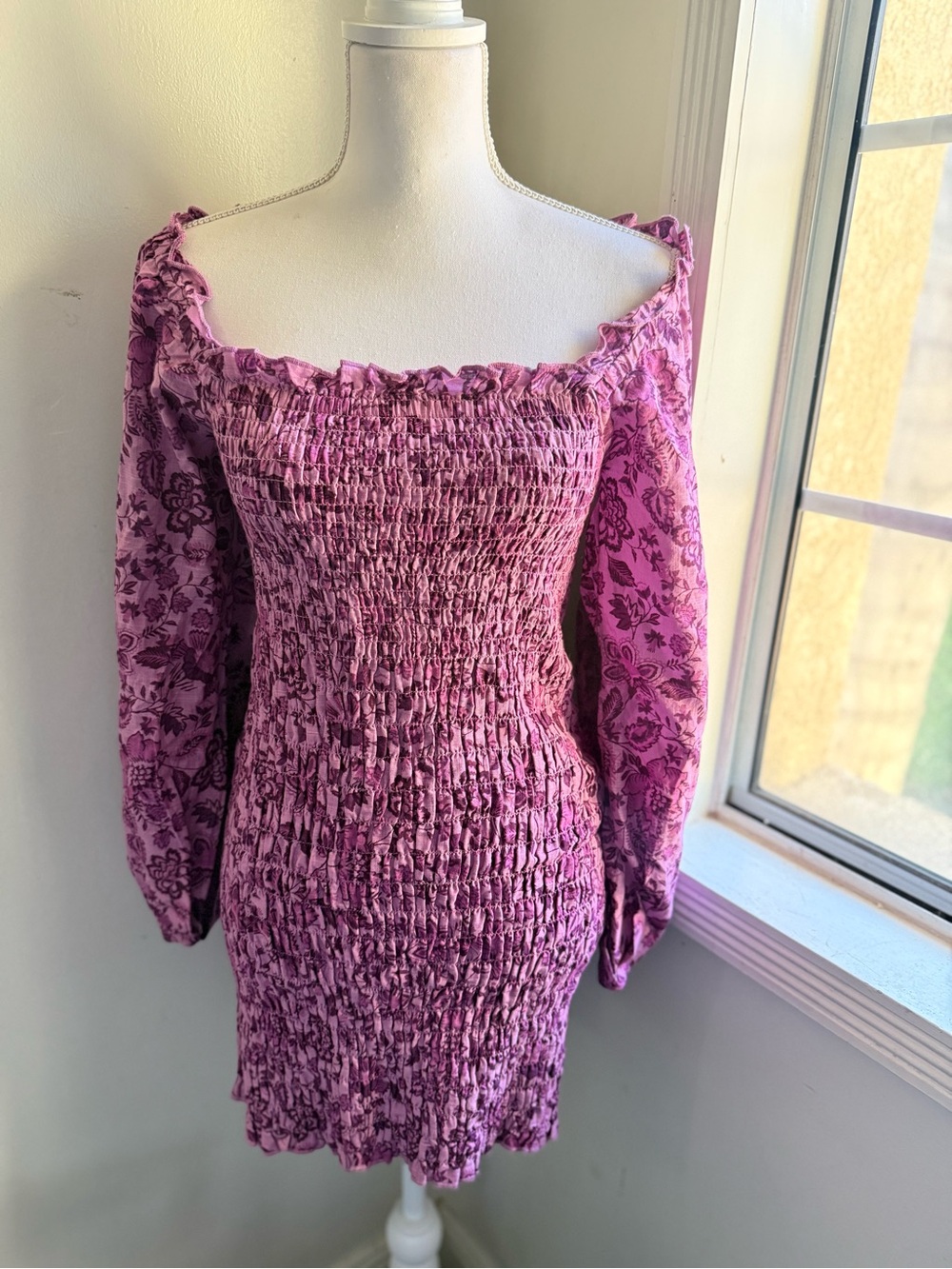 Free People Pink Floral Smocked Off-Shoulder Mini Dress
